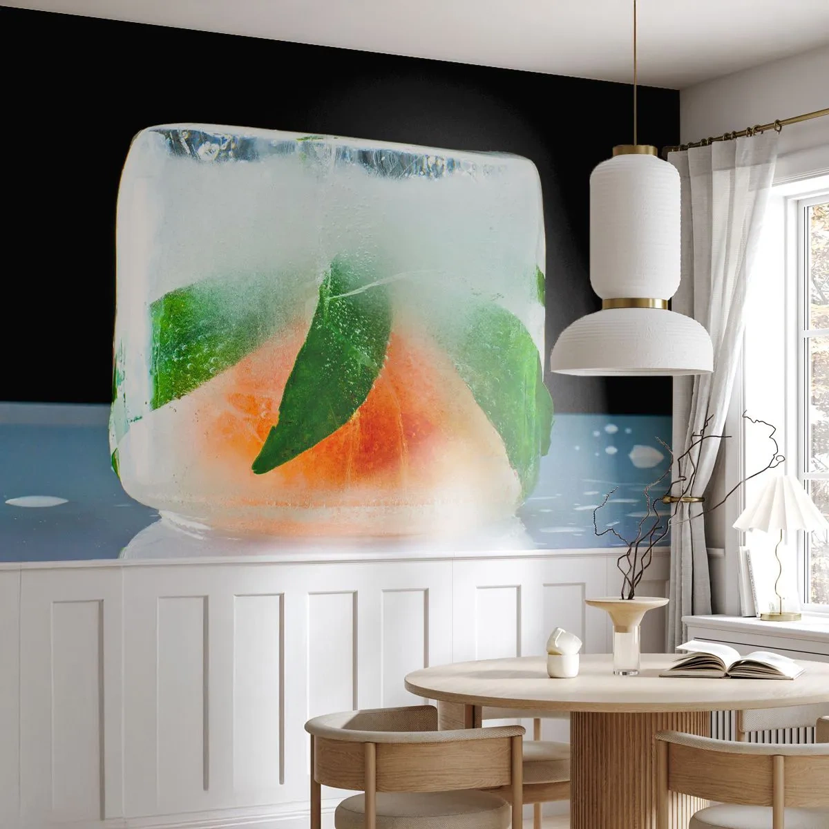 Zelfklevend Fotobehang Deluxe Sticker - Fris en koel - Ijsblokje, Oranje, Munt blad - 250x175 cm