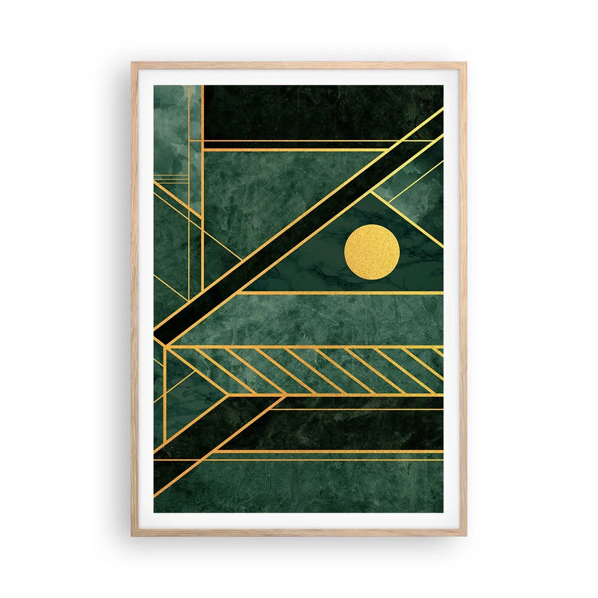 Een poster in een licht eiken lijst - Dynamiek van goud en azuur - 70x100 cm