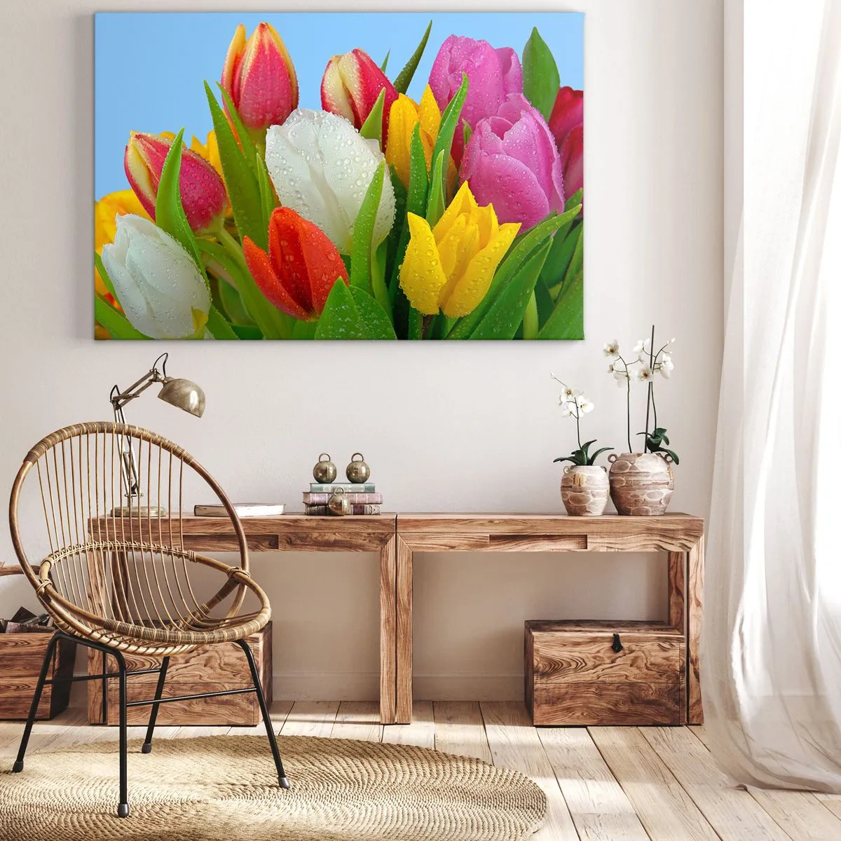 Schilderen op canvas - Een bloemenregenboog in dauwdruppels - 120x80 cm