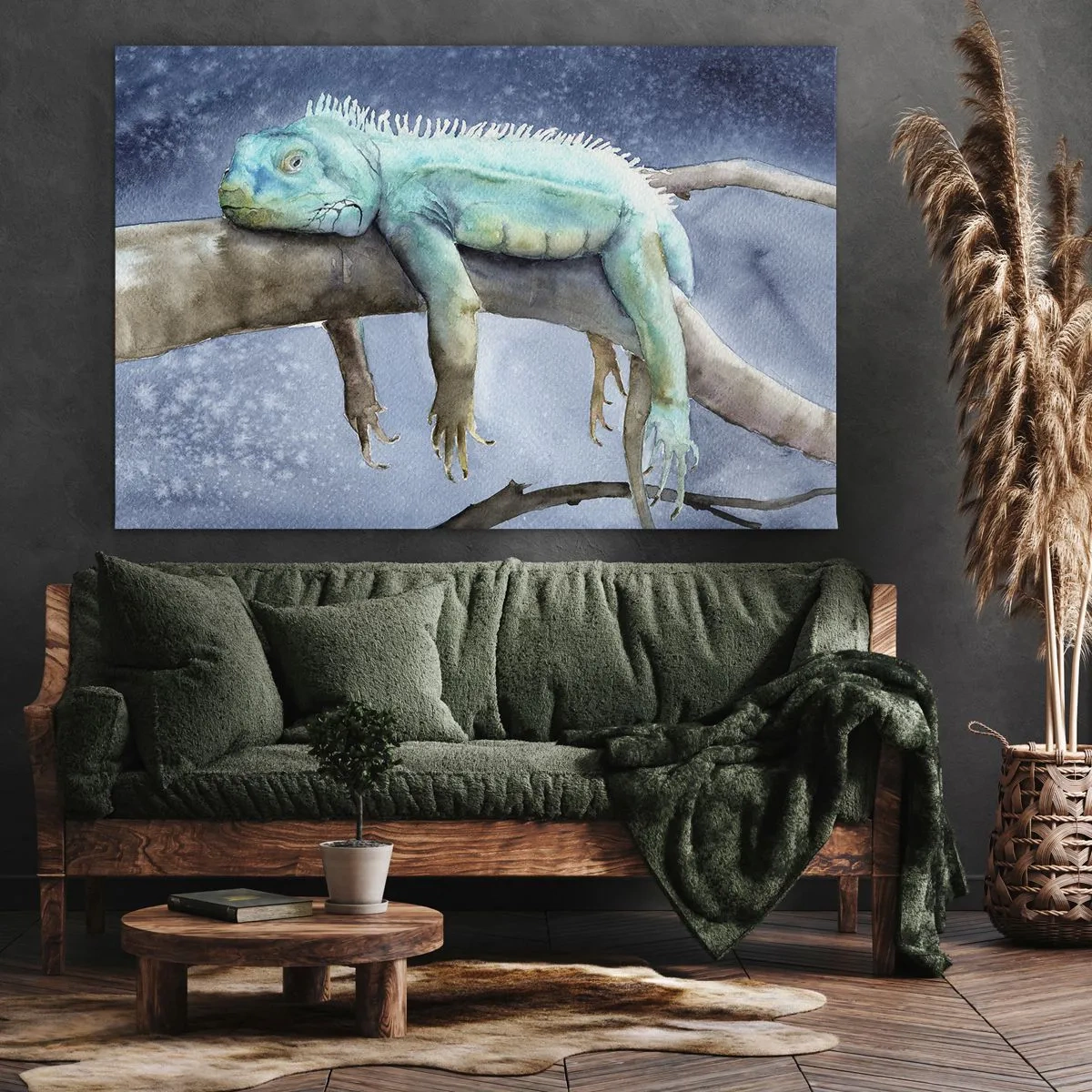 Schilderen op canvas - Blauwe leguaan rustend op een tak - 70x50cm - Het is goed! - Moderne wanddecoratie voor woonkamer en slaapkamer ARTTOR