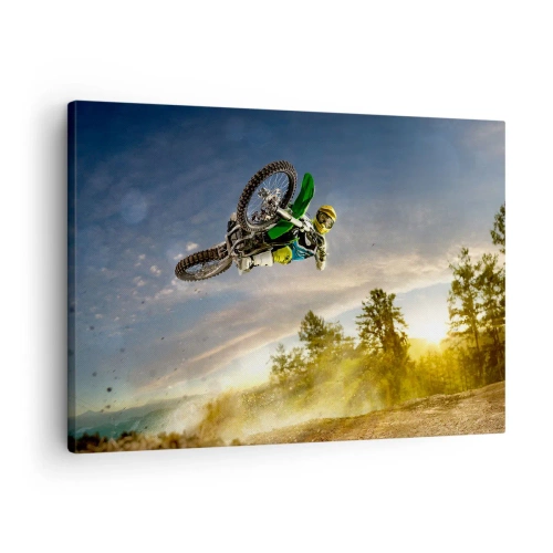 Schilderen op canvas - Motorrijder in een dynamische sprong - 70x50cm - Schakel emoties in! - Moderne wanddecoratie voor woonkamer en slaapkamer ARTTOR