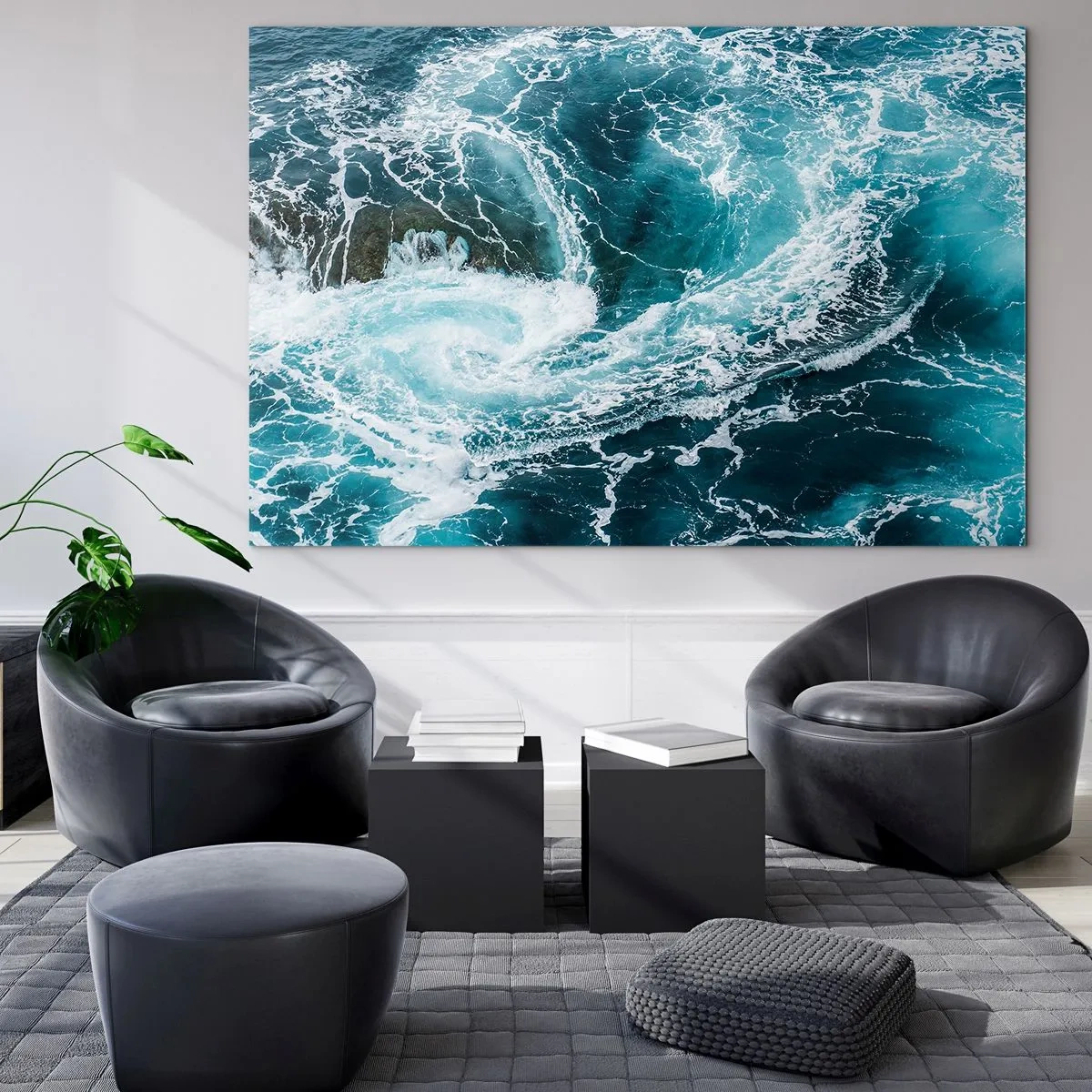 Schilderen op glas - Een draaikolk in de oceaan, omringd door witte golven in blauw water - 70x50cm - De poort naar het binnenste van de aarde - Moderne wanddecoratie voor woonkamer en slaapkamer ARTTOR