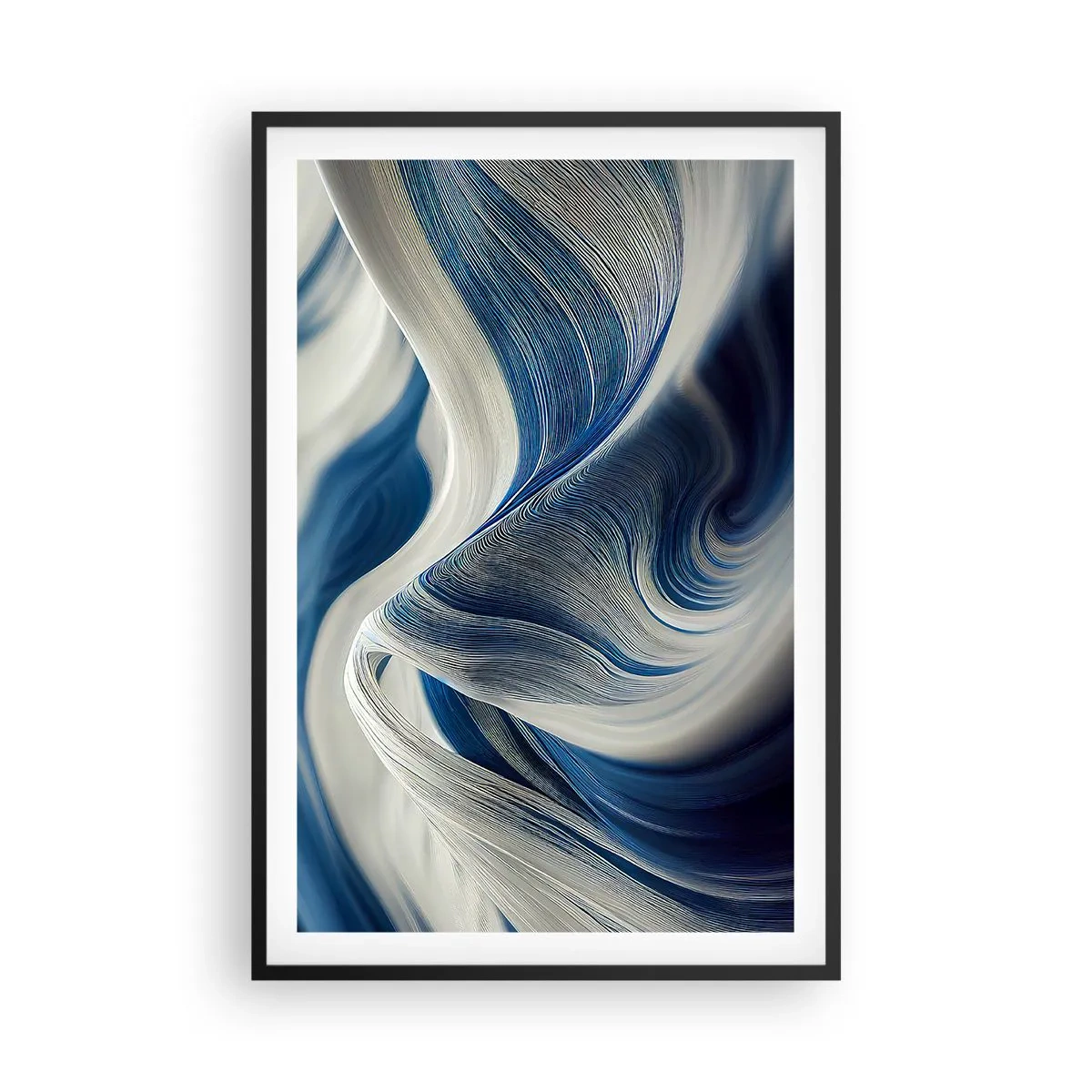 Poster in een zwarte lijst - De vloeibaarheid van blauw en wit - 61x91 cm