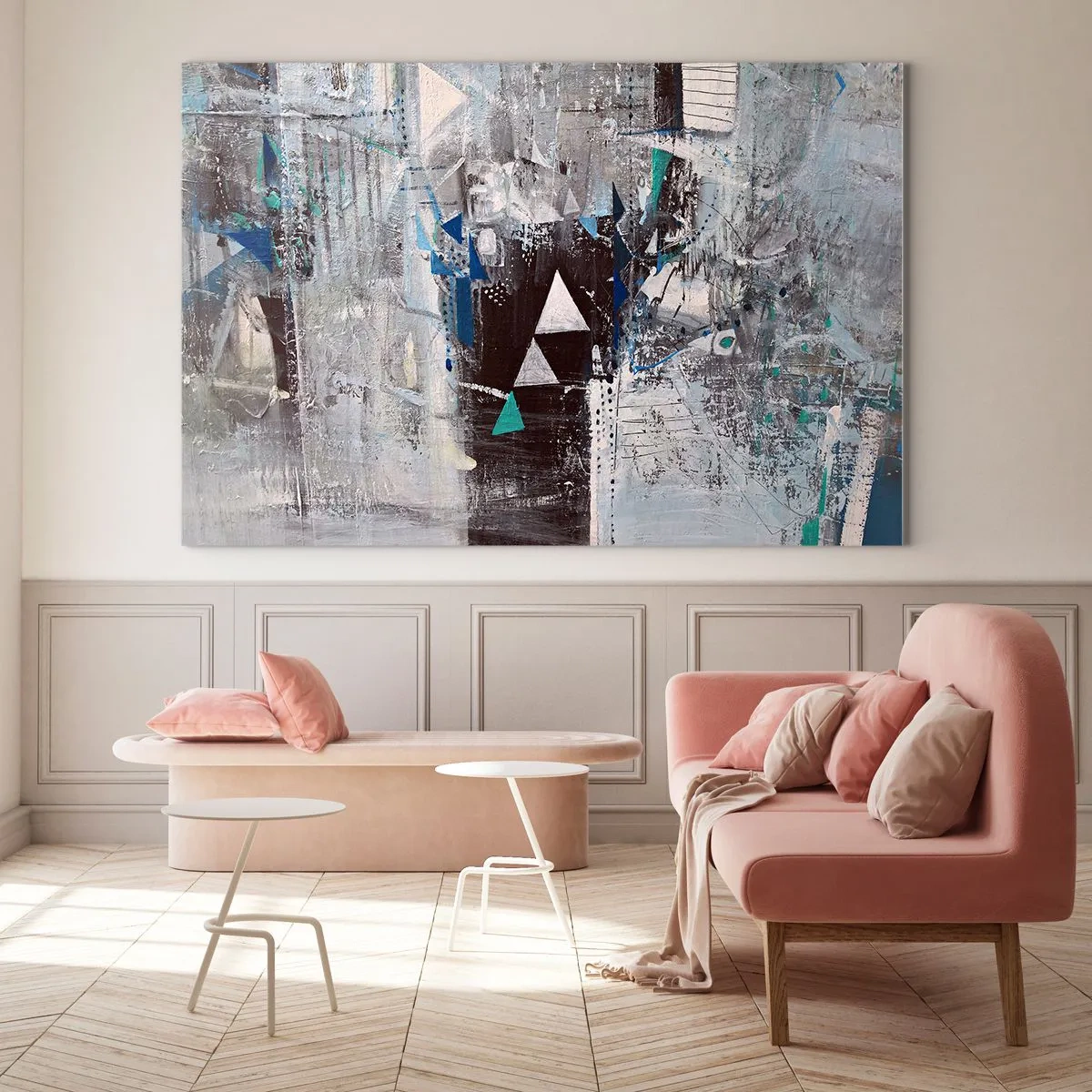 Schilderen op glas - Geometrische driehoeken tegen de achtergrond van een abstracte compositie in grijstinten. - 70x50cm - Overschrijvende volgorde van driehoeken - Moderne wanddecoratie voor woonkamer en slaapkamer ARTTOR