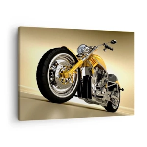 Schilderen op canvas - Een gele chopper-motorfiets tegen een beige muur - 70x50cm - Een droom van kracht en snelheid - Moderne wanddecoratie voor woonkamer en slaapkamer ARTTOR