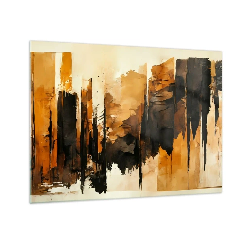 Schilderen op glas - Goudbruine abstractie met verticale structuren - 70x50cm - Harmonie van zwart en goud - Moderne wanddecoratie voor woonkamer en slaapkamer ARTTOR