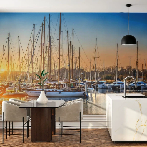 Fotobehang Premium Sand - De wind moet ook slapen - Landschap, Jachthaven, Zeilboot - 100x70 cm