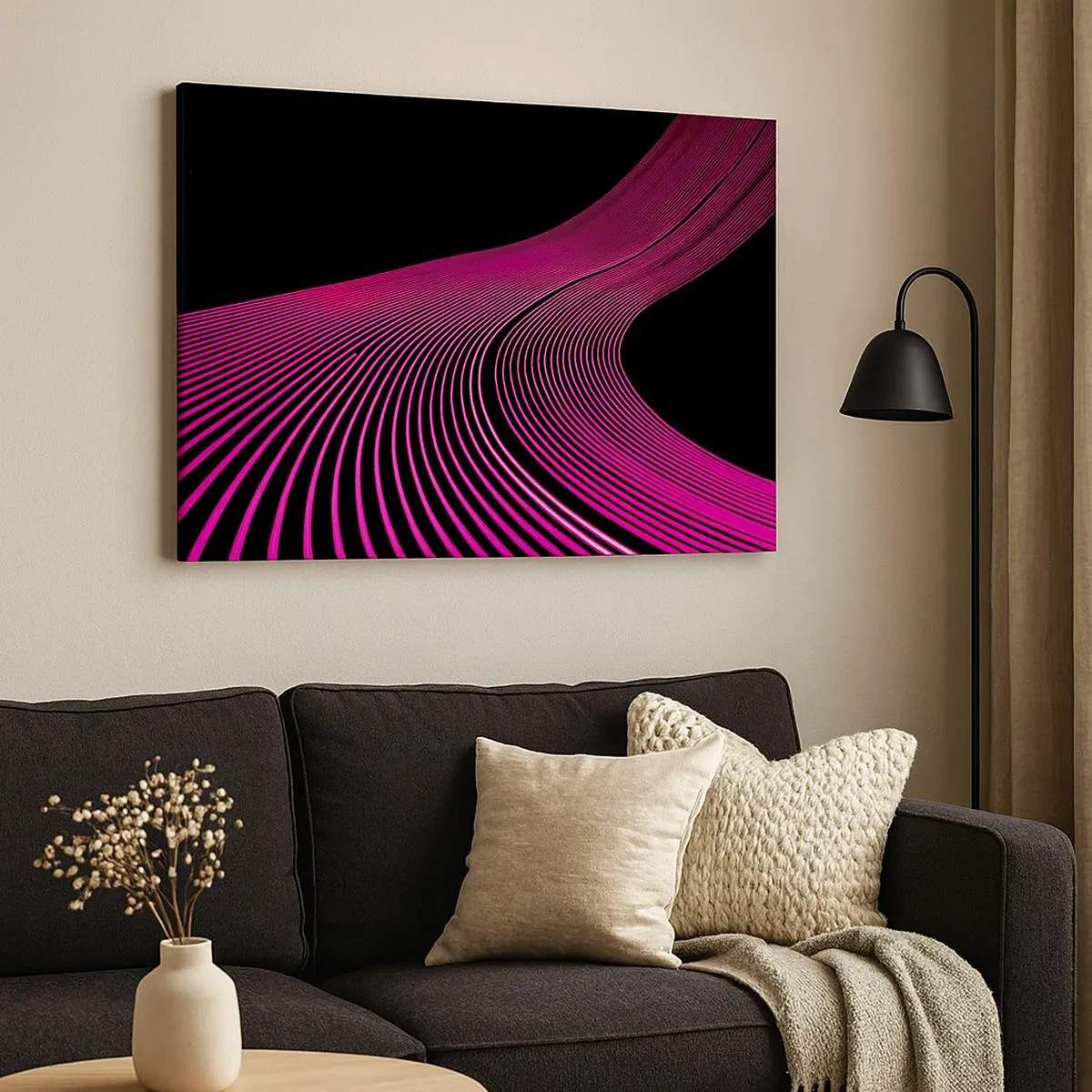 Schilderen op canvas - Futuristische lijnen in tinten roze op een zwarte achtergrond - 70x50cm - Avenue van licht - Moderne wanddecoratie voor woonkamer en slaapkamer ARTTOR