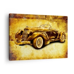 Schilderen op canvas - Een klassieke gouden retro-cabriolet tegen een vintage achtergrond in warme kleuren. - 70x50cm - Elite van de elite - Moderne wanddecoratie voor woonkamer en slaapkamer ARTTOR
