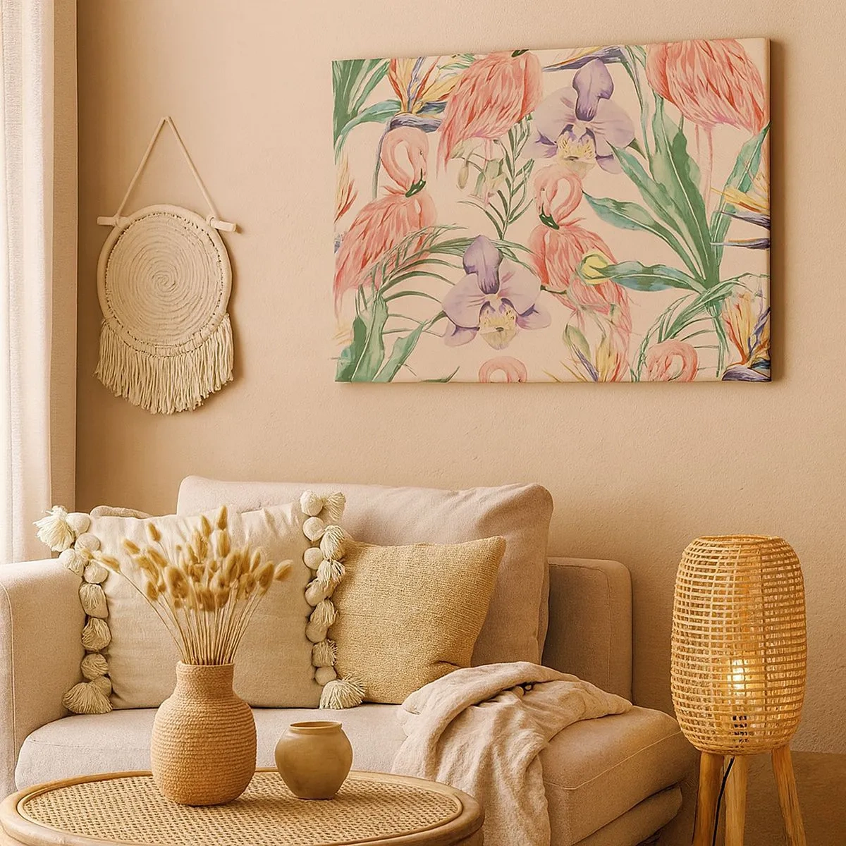 Schilderen op canvas - Flamingo's en tropische bloemen op een lichte achtergrond - 70x50cm - Roze ballet in bloemen - Moderne wanddecoratie voor woonkamer en slaapkamer ARTTOR