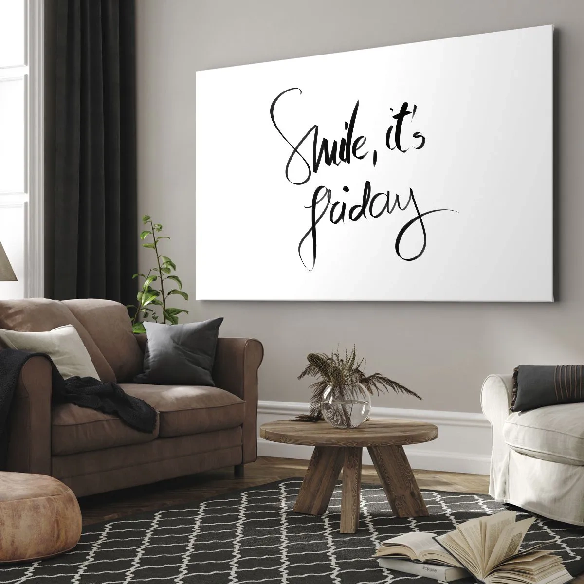 Schilderen op canvas - Zwart-witte letters Glimlach, het is vrijdag - 70x50cm - Echte vreugde - Moderne wanddecoratie voor woonkamer en slaapkamer ARTTOR