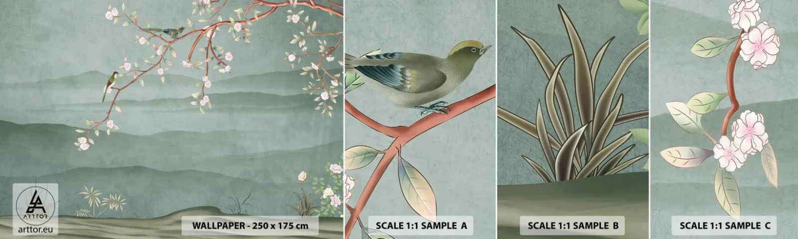 Fotobehang Staaltje Standard Eco - Lente, oh jij bent het - Pastel, Vogels, Bloemen - 100x30 cm