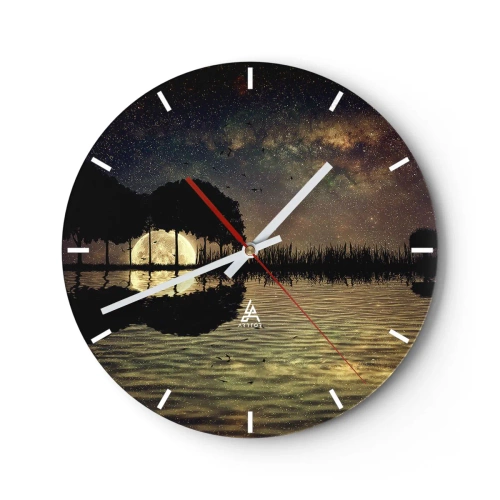 Wandklok - Klok - Landschap met een meer, bomen en een sterrenhemel 's nachts - 30x30cm - Nacht aan het einde van de wereld - Moderne wanddecoratie voor woonkamer, keuken en slaapkamer ARTTOR