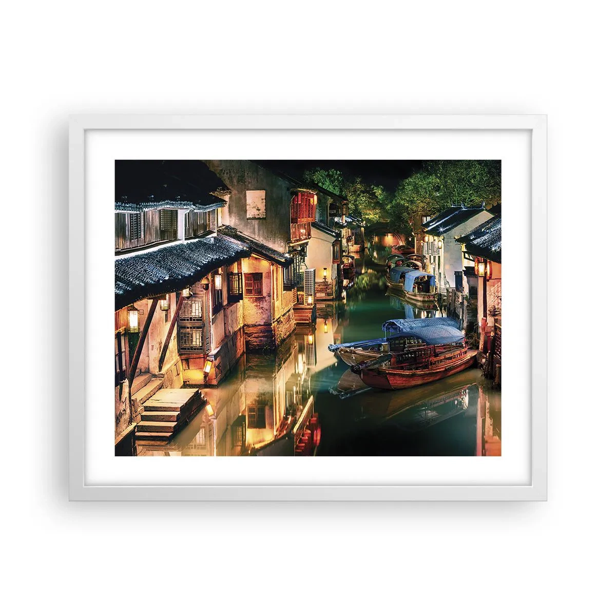 Poster in een witte lijst - Een avond op een Chinese straat - 50x40 cm