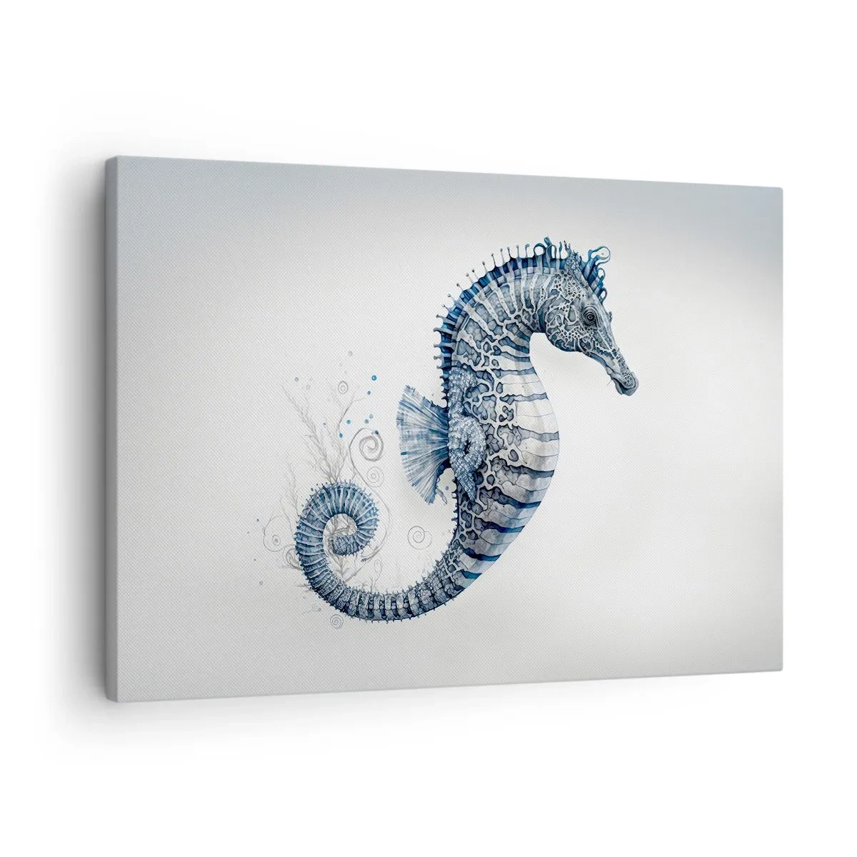 Schilderen op canvas - Zeepaardje in blauwtinten met aquareldetails - 70x50cm - Een subtiele grap van de natuur - Moderne wanddecoratie voor woonkamer en slaapkamer ARTTOR