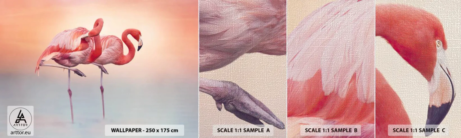 Fotobehang Monster Premium Canvas - De kleur van de ondergaande zon - Flamingo's, Vogels, Natuur - 100x30 cm