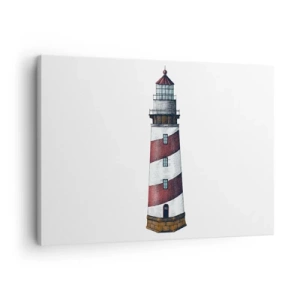 Schilderen op canvas - Een cartoonafbeelding van een vuurtoren met rode en witte strepen op een minimalistische achtergrond. - 70x50cm - Altijd op zijn hoede - Moderne wanddecoratie voor woonkamer en slaapkamer ARTTOR