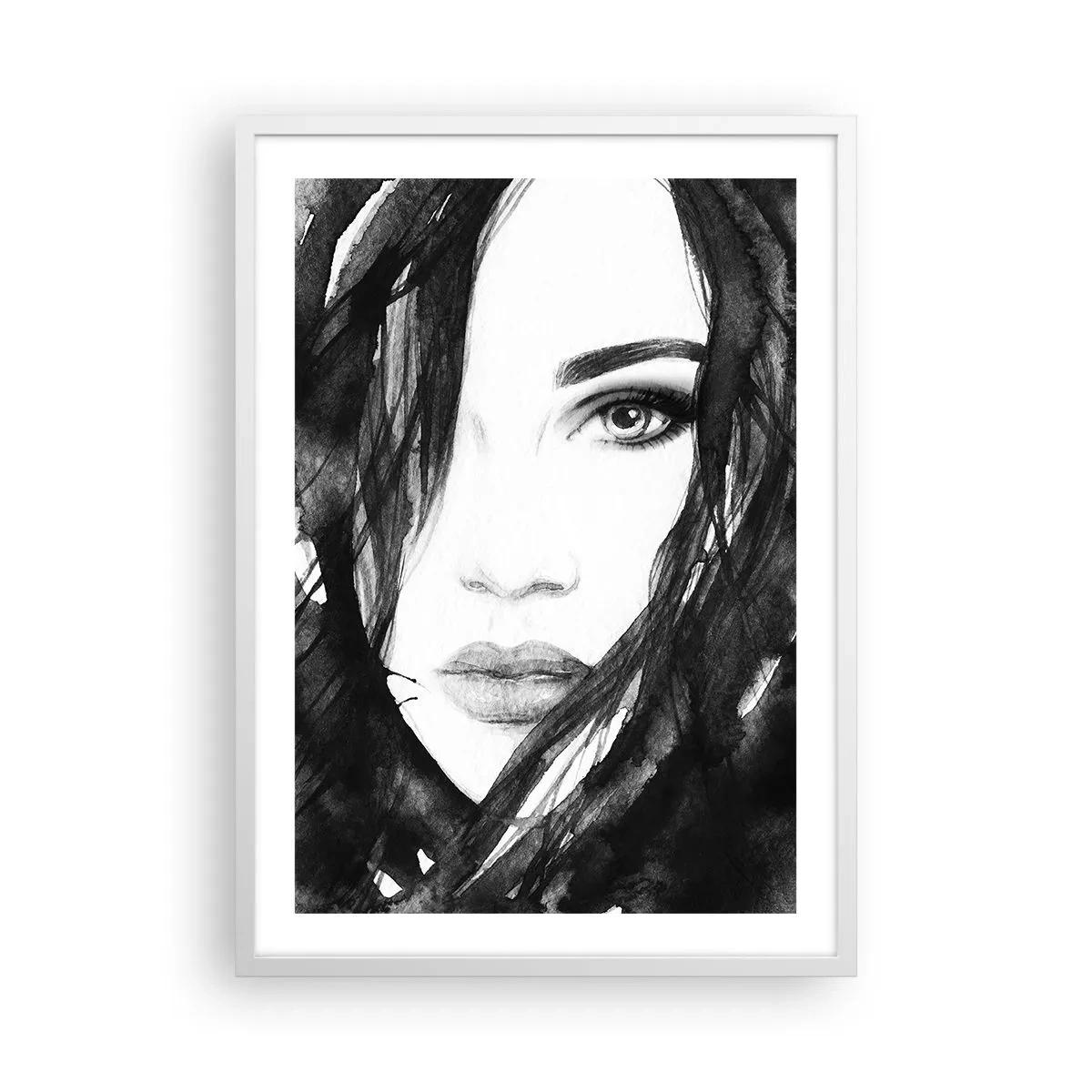 Poster in een witte lijst - Portret van een dame in zwart en wit - 50x70 cm