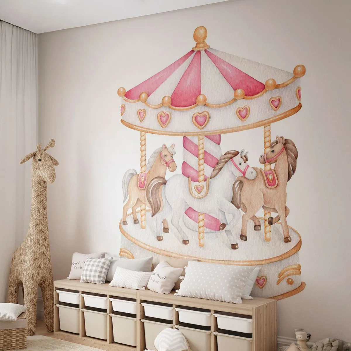 Fotobehang Premium Sand - De zoete kinderwereld - Draaimolen, Meisjesachtig, Paarden - 100x70 cm