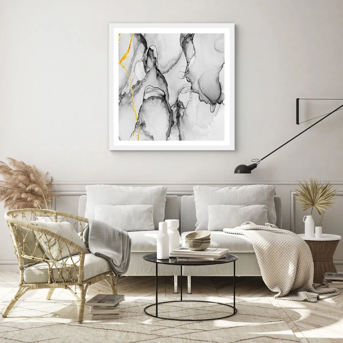 Poster in een witte lijst - Compositie met een gouden motief - 40x40 cm