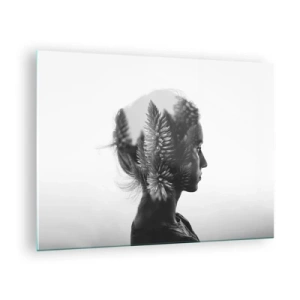 Schilderen op glas - Een vrouw in zwart-wit met een naaldbosmotief eroverheen - 70x50cm - Vrouwe van het dennenbos - Moderne wanddecoratie voor woonkamer en slaapkamer ARTTOR