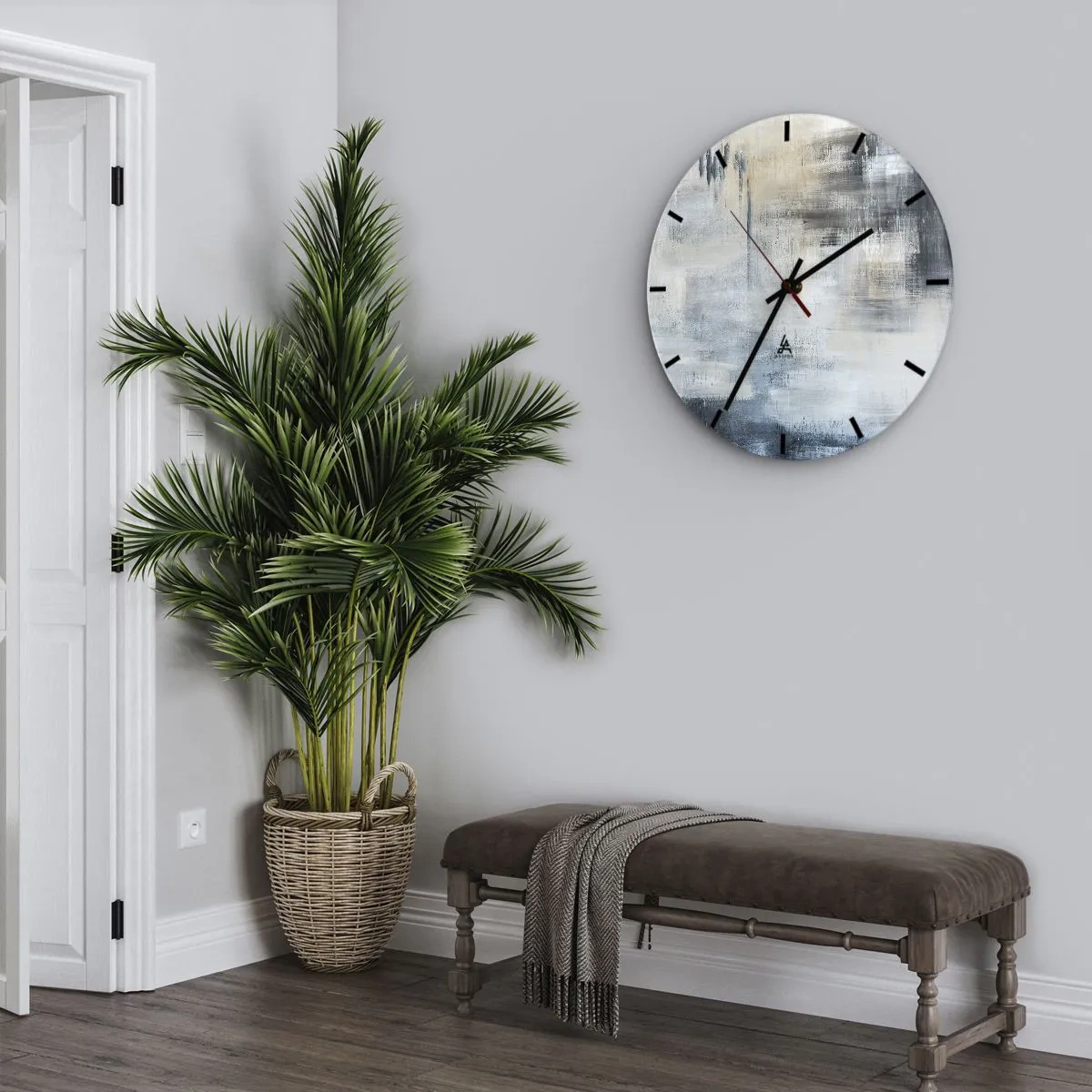 Wandklok - Klok - Abstracte compositie in tinten grijs en beige - 30x30cm - Achter het blauwe gordijn - Moderne wanddecoratie voor woonkamer, keuken en slaapkamer ARTTOR