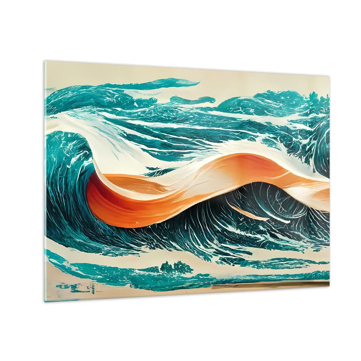 Schilderen op glas - Turquoise golven met een oranje lint in een surrealistische stijl - 70x50cm - De droom van elke surfer - Moderne wanddecoratie voor woonkamer en slaapkamer ARTTOR