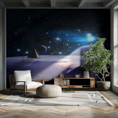 Fotobehang Premium Canvas - Nog steeds alleen? - Kosmos, Planeet aarde, Universum - 500x350 cm