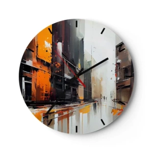 Wandklok - Klok - Abstract stadsgezicht met oranje licht en regen - 30x30cm - Regenachtige dag - Moderne wanddecoratie voor woonkamer, keuken en slaapkamer ARTTOR