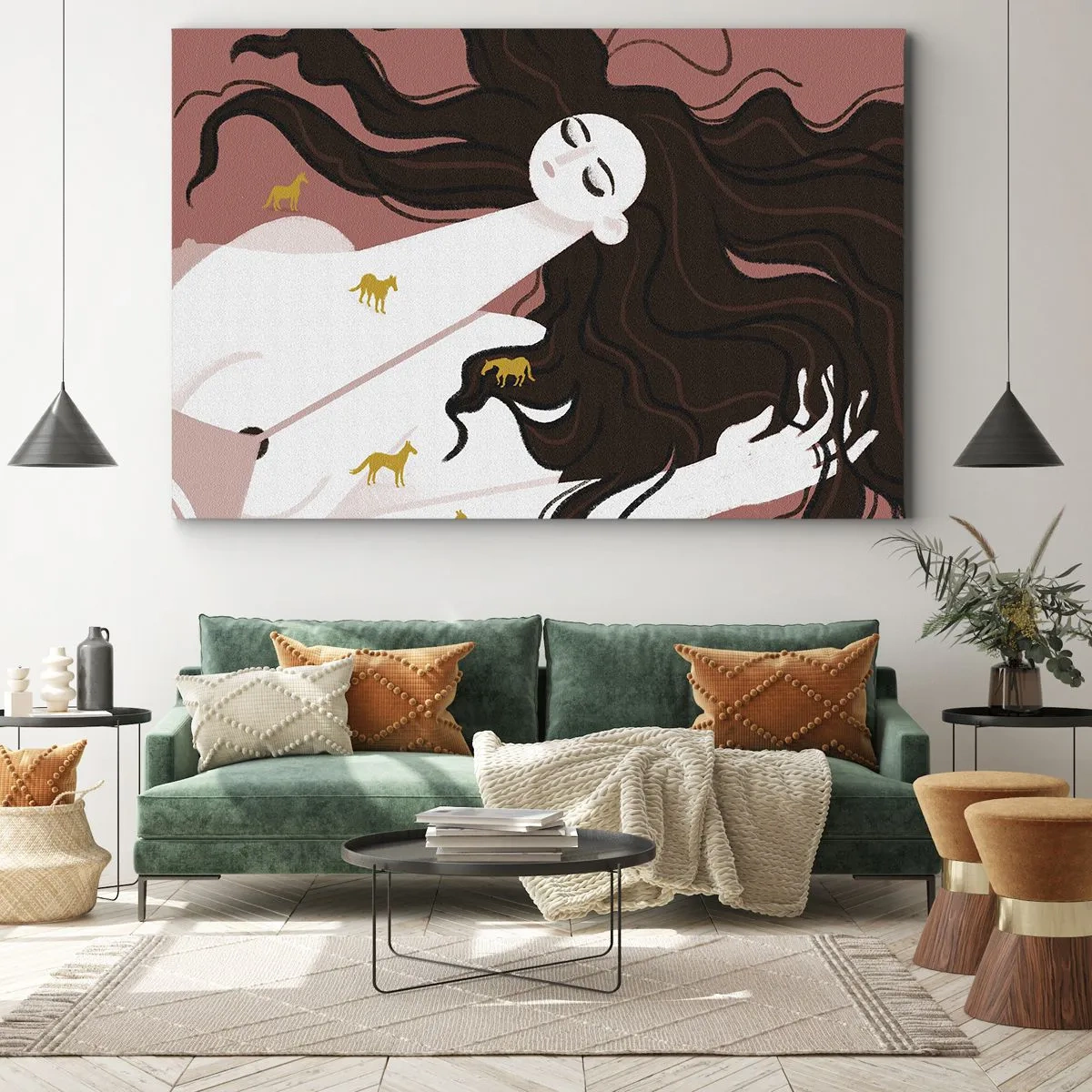 Schilderen op canvas - Een figuur met gesloten ogen omringd door gouden paarden - 70x50cm - Droom over een gouden paard - Moderne wanddecoratie voor woonkamer en slaapkamer ARTTOR