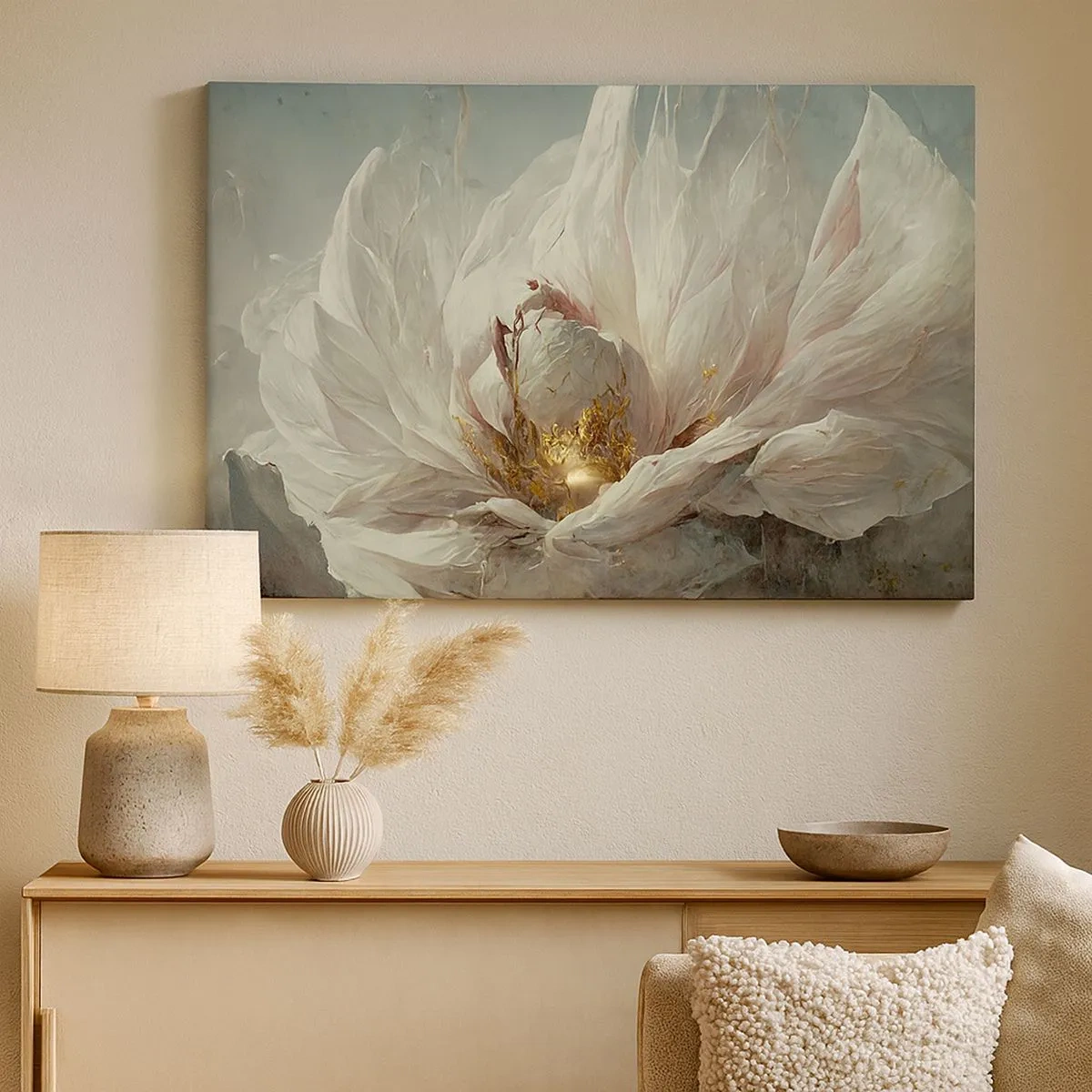 Schilderen op canvas - Een delicate witte bloem met subtiele gouden accenten - 70x50cm - Hij bloeit eens in de honderd jaar - Moderne wanddecoratie voor woonkamer en slaapkamer ARTTOR