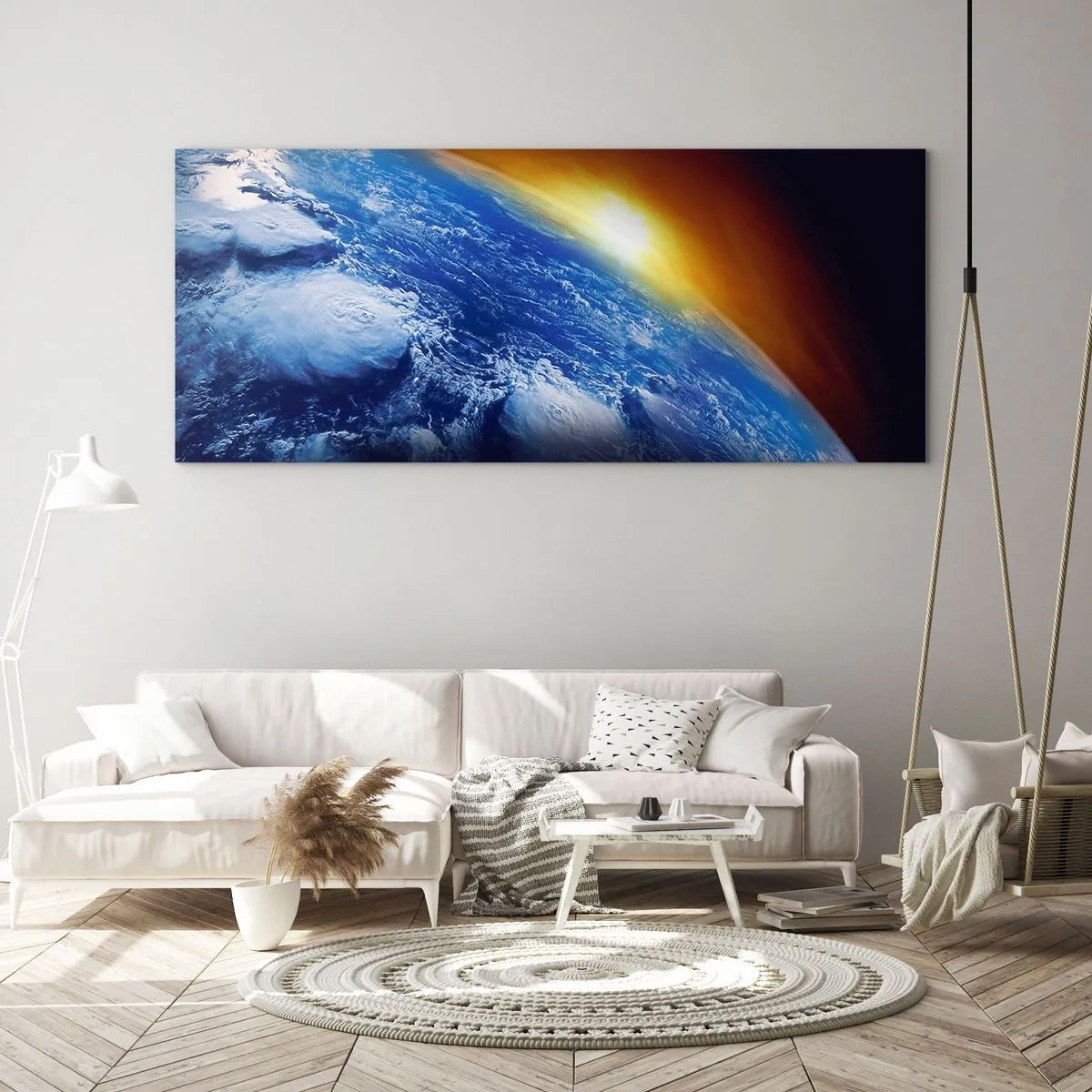 Schilderen op glas - Zonsopgang boven de blauwe planeet - 100x40 cm