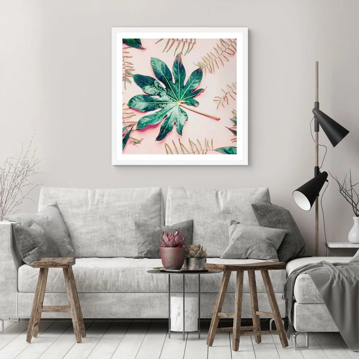 Poster in een witte lijst - Een studie van groen op een roze achtergrond - 60x60 cm