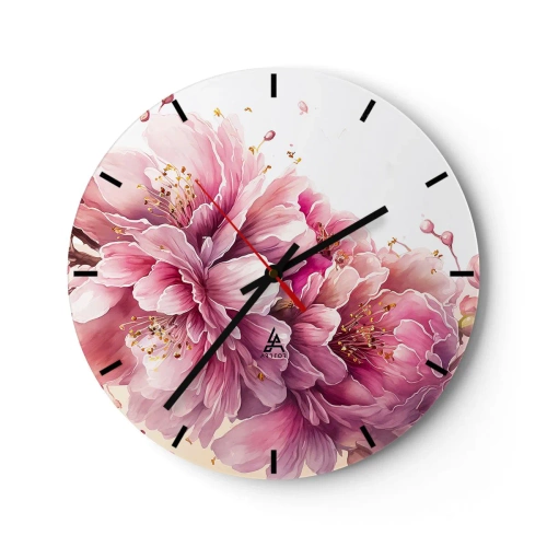 Wandklok - Klok - Bloeiende roze kersenbloesems op een witte achtergrond in een artistieke stijl - 30x30cm - Kersenbloesem - Moderne wanddecoratie voor woonkamer, keuken en slaapkamer ARTTOR