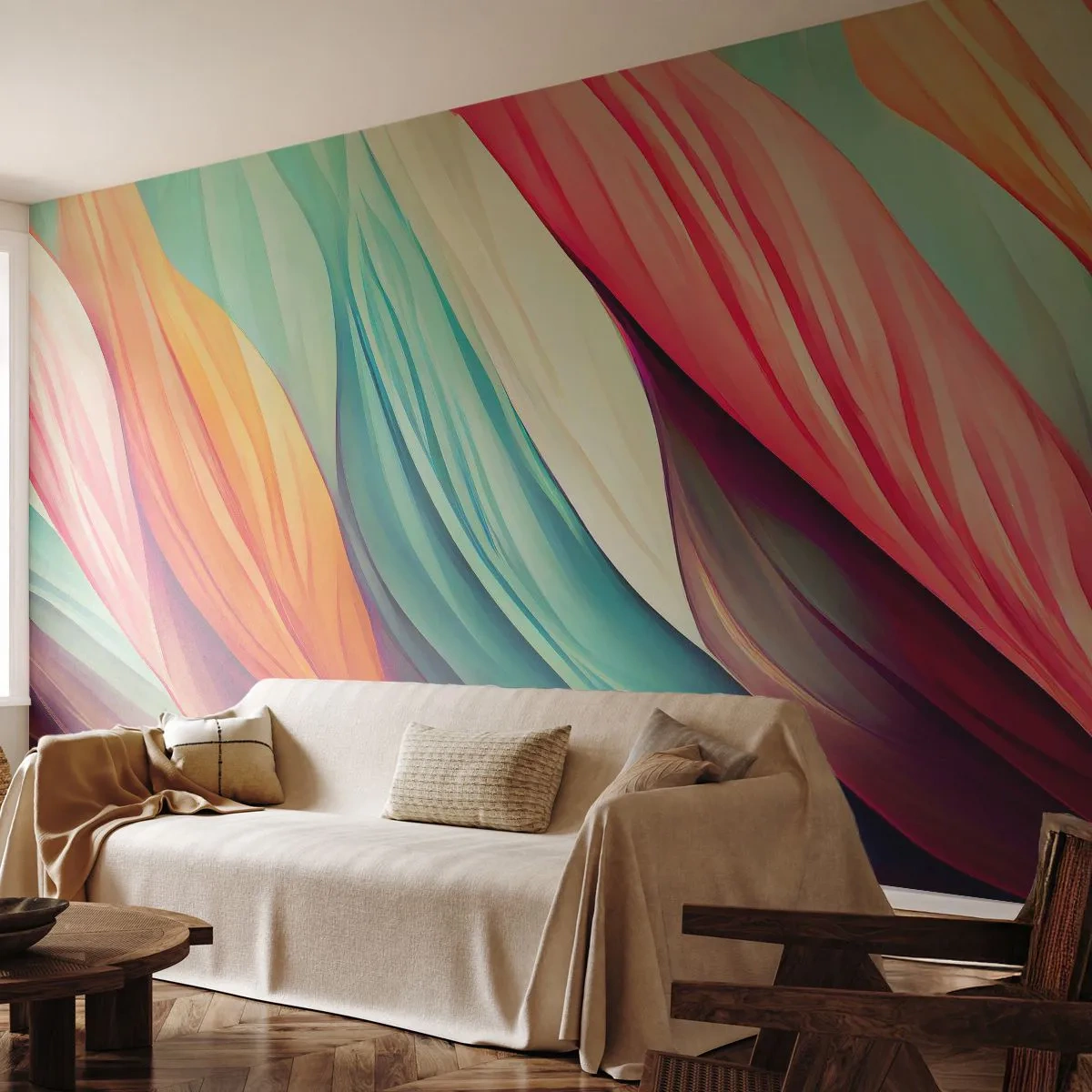 Fotobehang Premium Sand - Regenboog geweven - Pastel, Lijnen, Abstractie - 150x105 cm