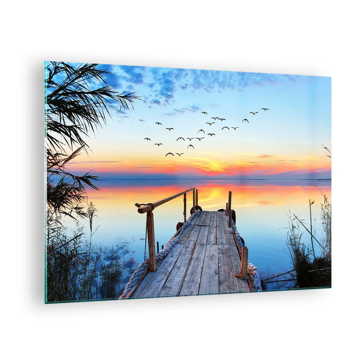 Schilderen op glas - Een houten steiger boven een meer bij zonsondergang met een zwerm vogels erboven - 70x50cm - Het is tijd om terug te gaan... - Moderne wanddecoratie voor woonkamer en slaapkamer ARTTOR