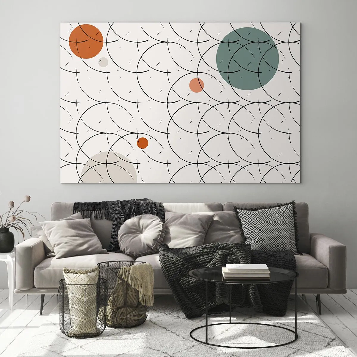 Schilderen op glas - Kleurrijke cirkels en zwarte lijnen op een lichte achtergrond in pop-artstijl. - 70x50cm - In de pop-art-sfeer - Moderne wanddecoratie voor woonkamer en slaapkamer ARTTOR