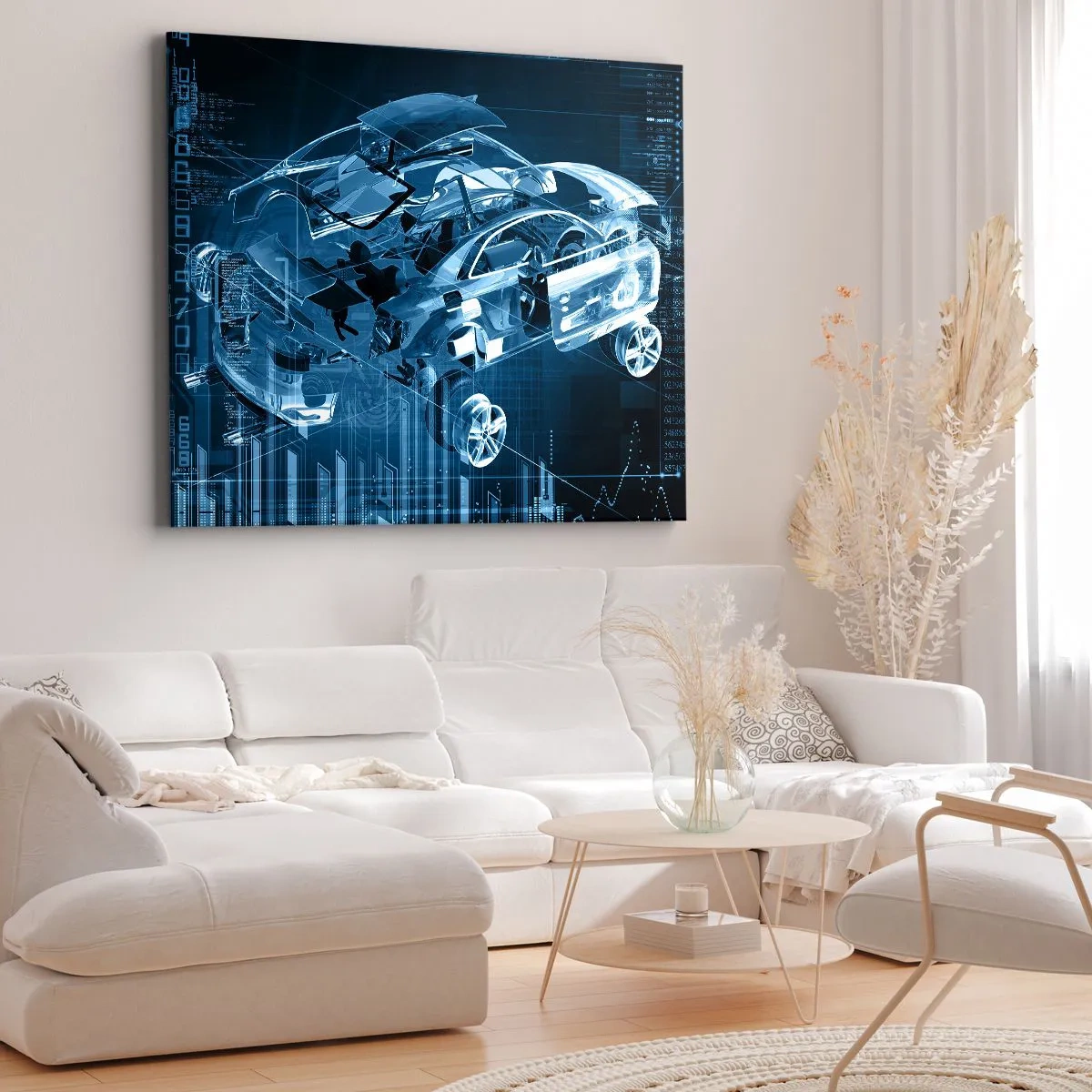 Schilderen op canvas - Een moderne technische tekening van een auto met structurele elementen - 70x50cm - Technische anatomie - Moderne wanddecoratie voor woonkamer en slaapkamer ARTTOR