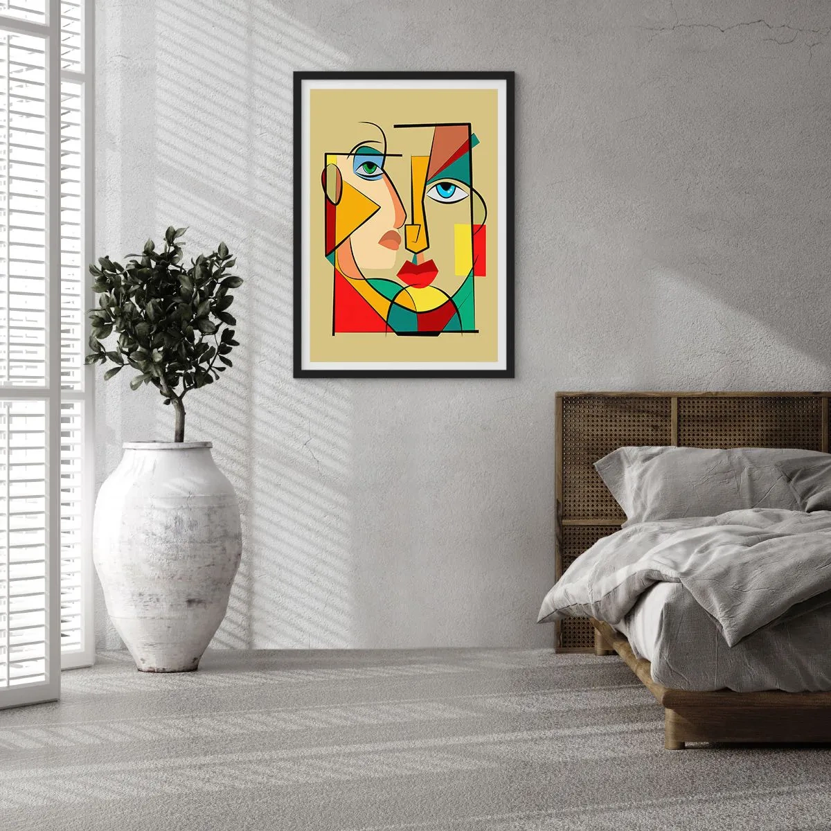 Poster in een zwarte lijst - Een kubistisch portret in intense kleuren - 50x70cm - Bij elkaar passend paar - Moderne wanddecoratie voor woonkamer en slaapkamer ARTTOR