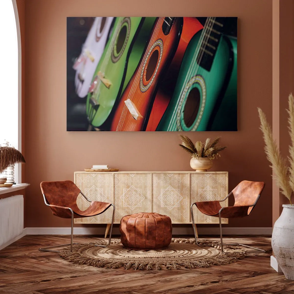 Schilderen op canvas - Kleurrijke gitaren in verschillende tinten op een rij gerangschikt - 70x50cm - De gitaar heeft vele kleuren - Moderne wanddecoratie voor woonkamer en slaapkamer ARTTOR