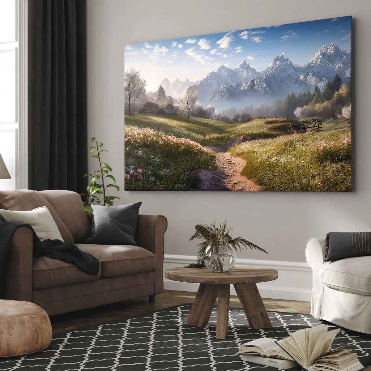 Schilderen op canvas - Een bergdal met weilanden, hutten en uitzicht op de toppen - 70x50cm - Idyllische vallei - Moderne wanddecoratie voor woonkamer en slaapkamer ARTTOR