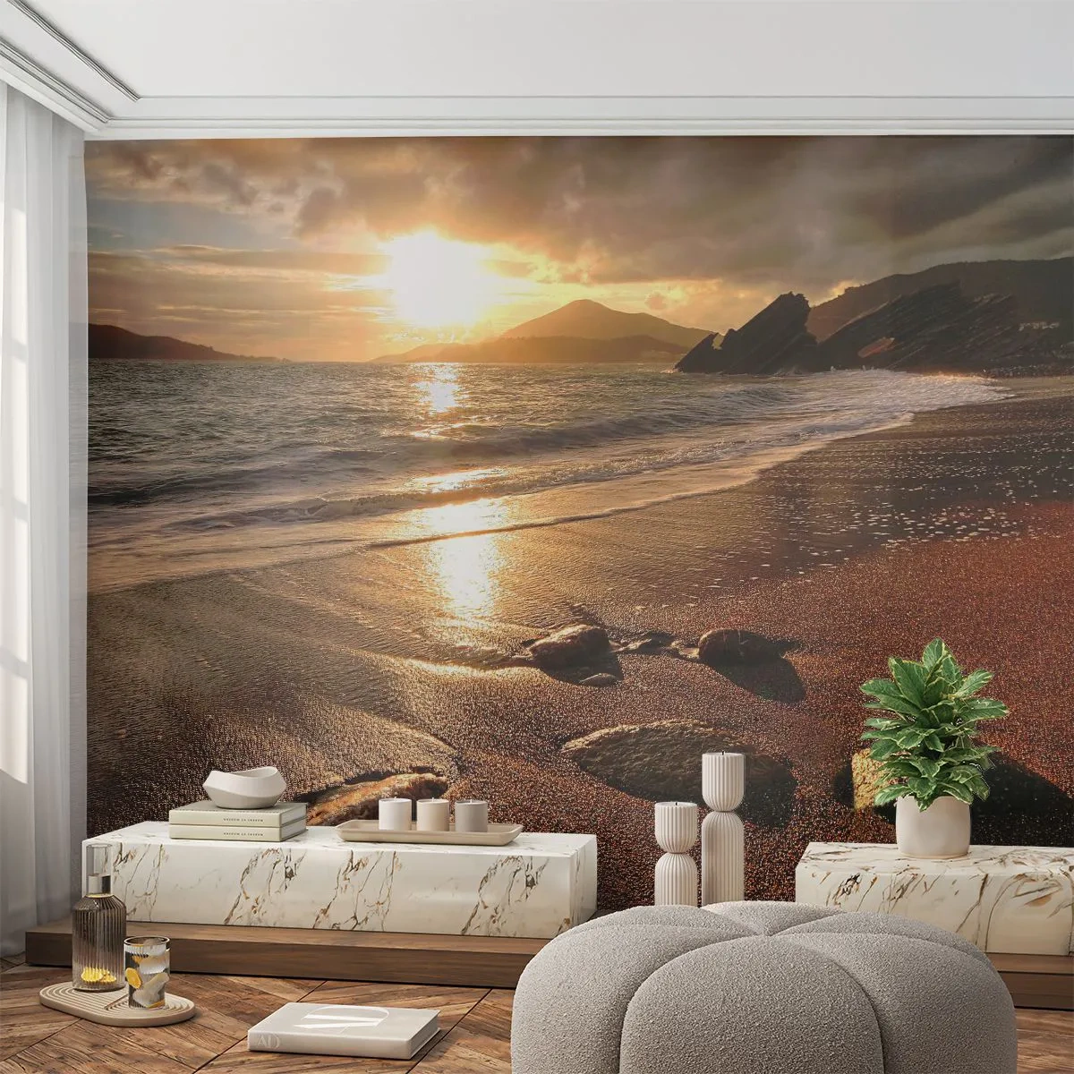 Fotobehang Premium Canvas - Volg de zon naar de heuvels - Landschap, Zee, Zonsondergang - 250x175 cm