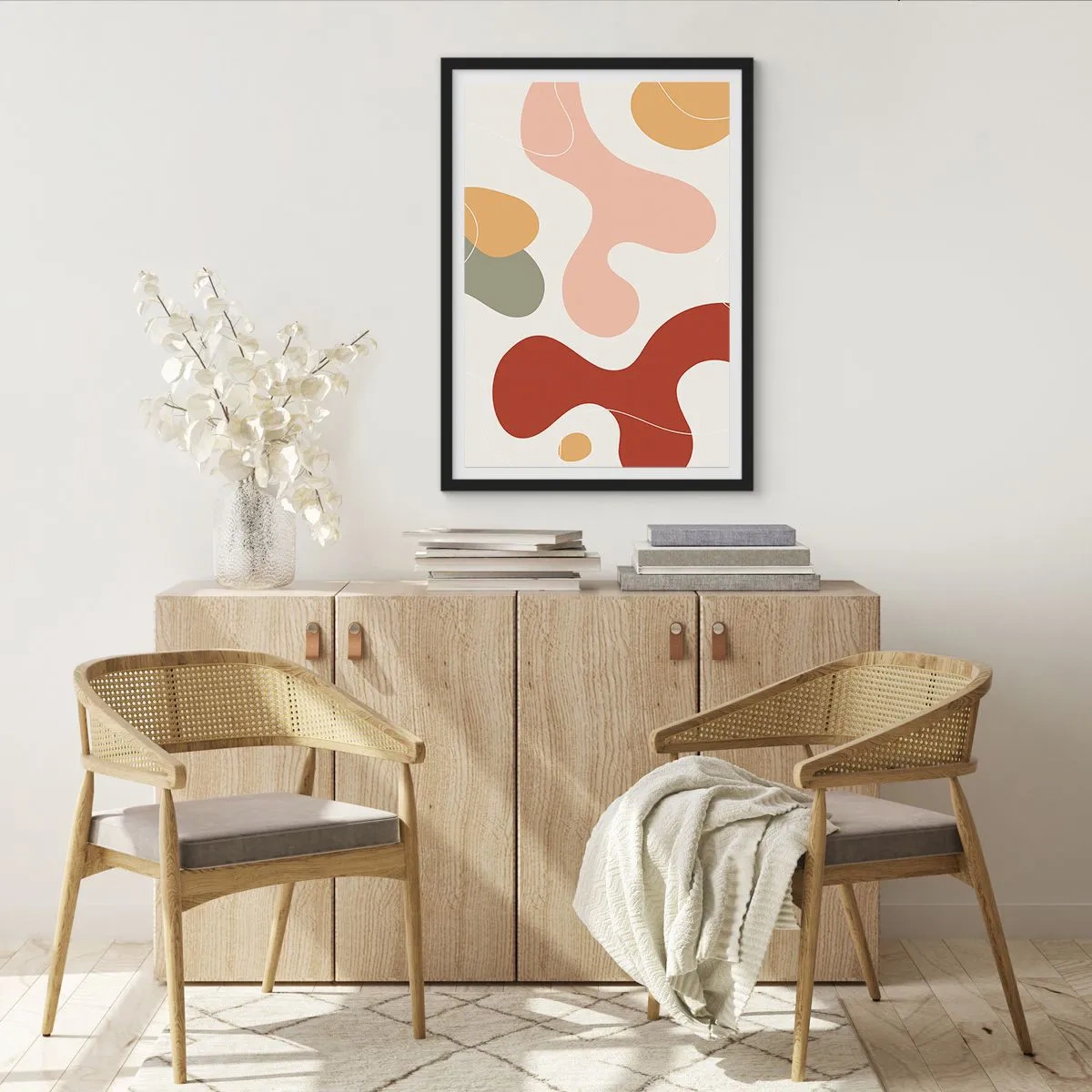 Poster in een zwarte lijst - Een abstracte compositie in warme pasteltinten. - 50x70cm - Kronkels of krullen? - Moderne wanddecoratie voor woonkamer en slaapkamer ARTTOR