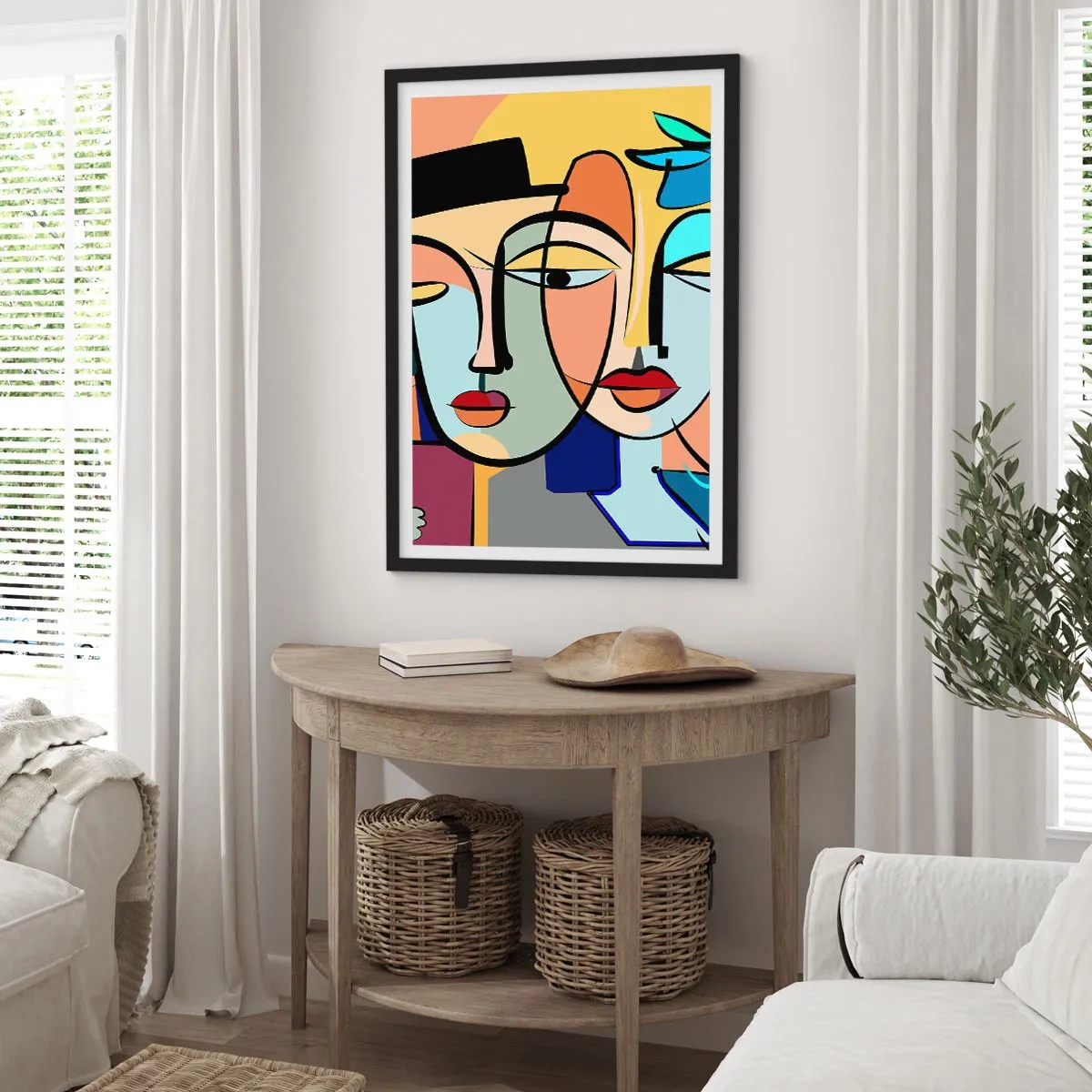 Poster in een zwarte lijst - Kleurrijke abstracte compositie van gezichten in kubistische stijl - 50x70cm - Picasso's randez-vous - Moderne wanddecoratie voor woonkamer en slaapkamer ARTTOR