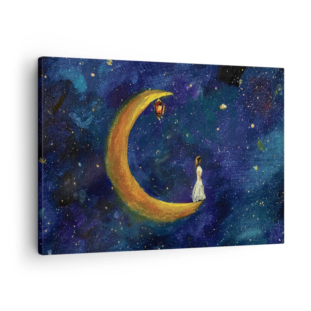 Schilderen op canvas - Een meisje staat op de maan in een sterrenhemel - 70x50cm - De roep van de wereld - Moderne wanddecoratie voor woonkamer en slaapkamer ARTTOR