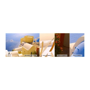 Fotobehang Monster Zelfklevend Deluxe Sticker - Grieks landschap in wit en blauw - Landschap, Santorini, Griekenland - 100x30 cm