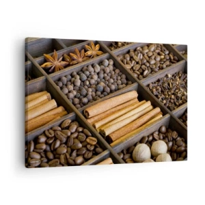 Schilderen op canvas - Specerijen en koffie in houten compartimenten - 70x50cm - Een schatkist aan aroma's - Moderne wanddecoratie voor woonkamer en slaapkamer ARTTOR