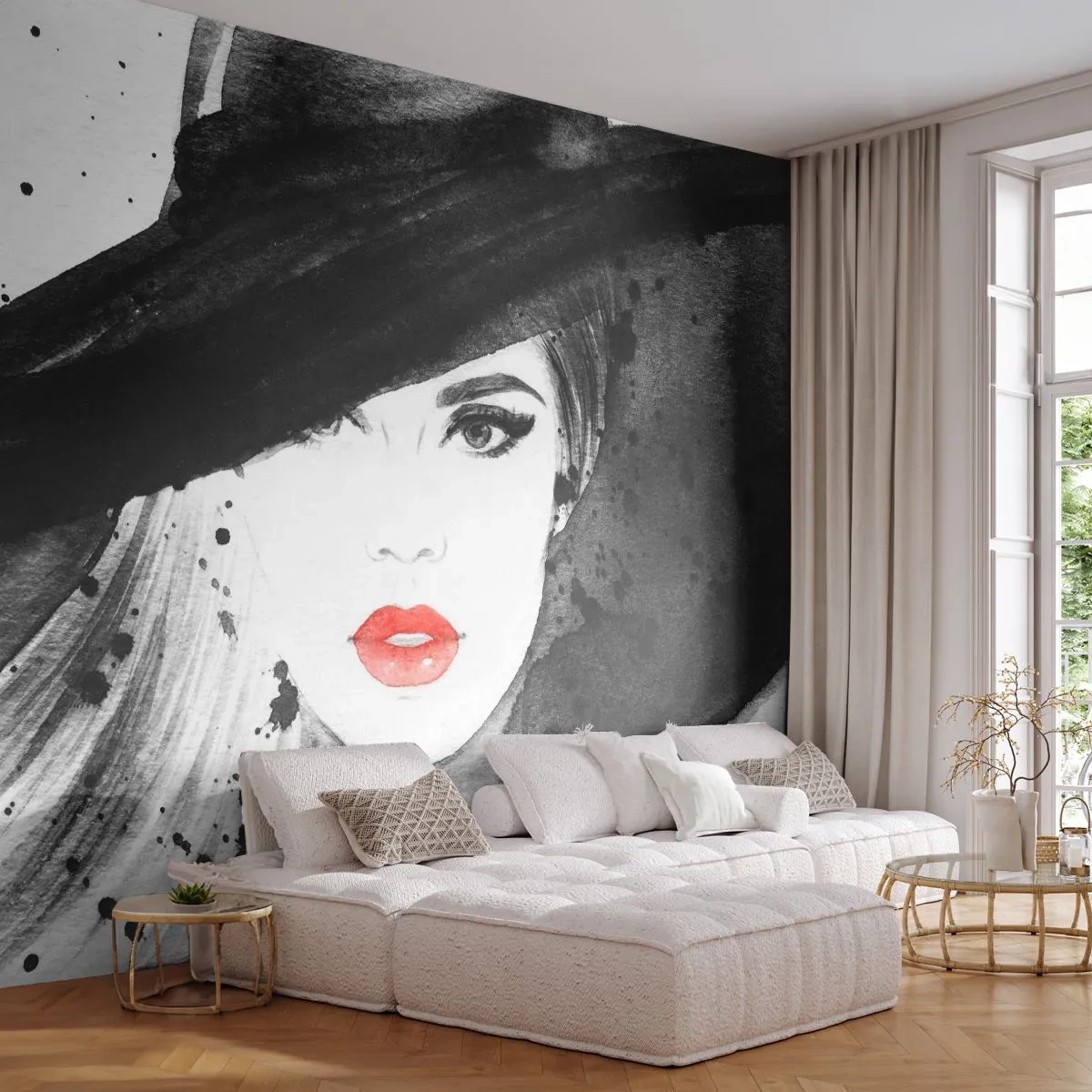 Zelfklevend Fotobehang Deluxe Sticker - Vrouw in het zwart - Vrouw, Het gezicht van de vrouw, Portret van een vrouw - 250x175 cm