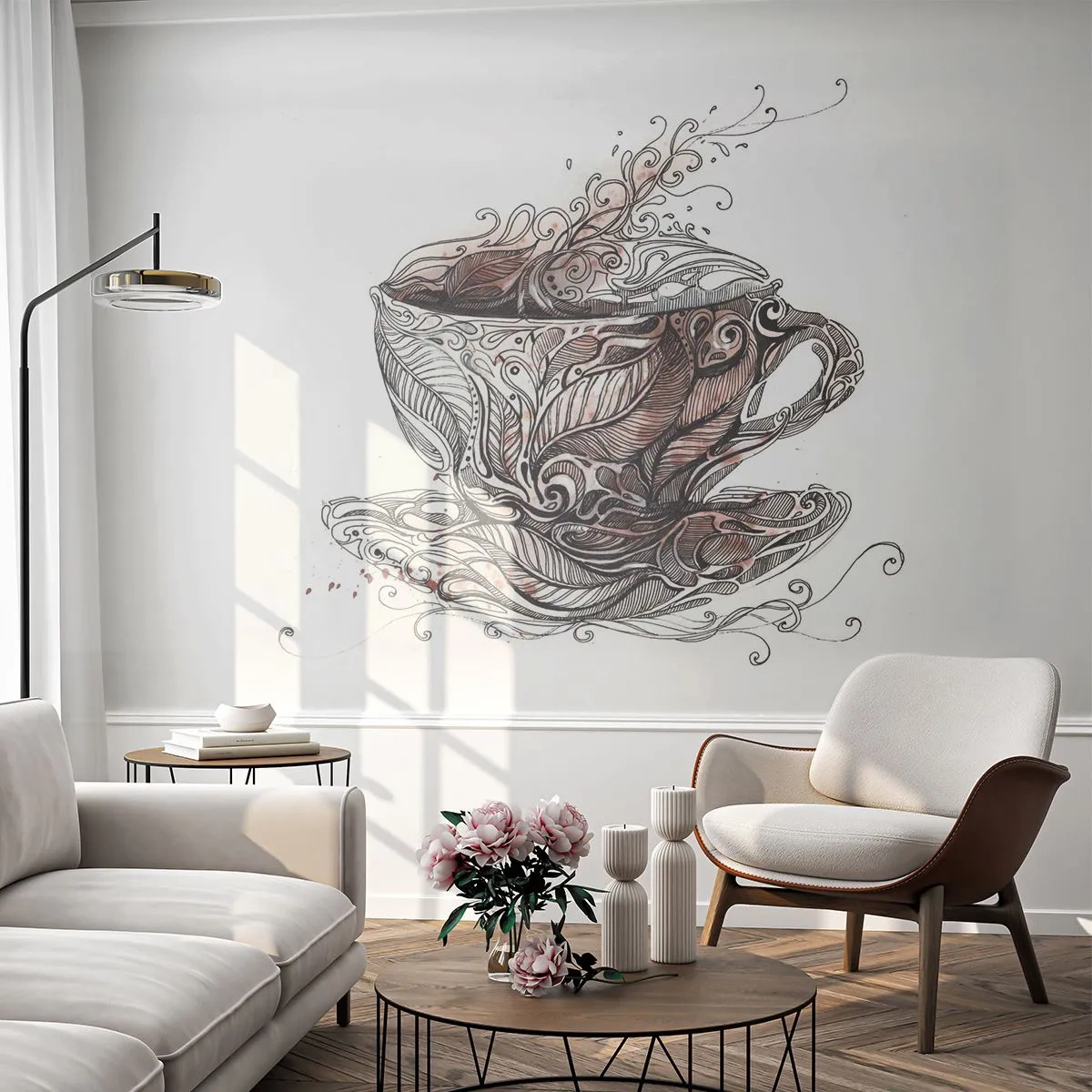 Fotobehang Premium Sand - Thee voor alles - Abstractie, Beker, Espresso - 300x210 cm