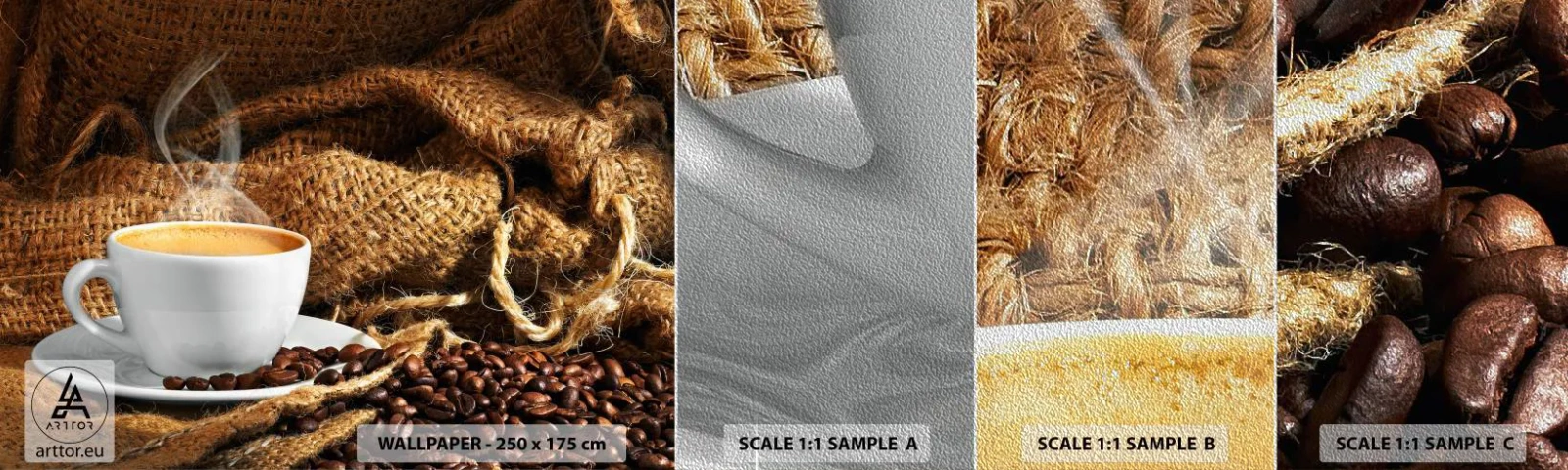 Fotobehang Monster Premium Sand - De geur van mokka en de dikte van de honingvloeistof - Gastronomie, Koffie, kop koffie - 100x30 cm